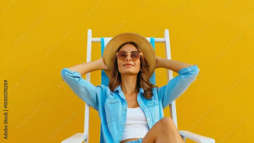 Young calm woman wear summer clothes sit in deckchair hold hands behind neck isolated on plain yellow background. Tourist travel abroad in free spare time rest getaway High quality HD 4K video Clip Young calm woman wear summer clothes sit in deckchair hold hands behind neck isolated on plain yellow background. Tourist travel abroad in free spare time rest getaway High quality HD 4K video Clip
