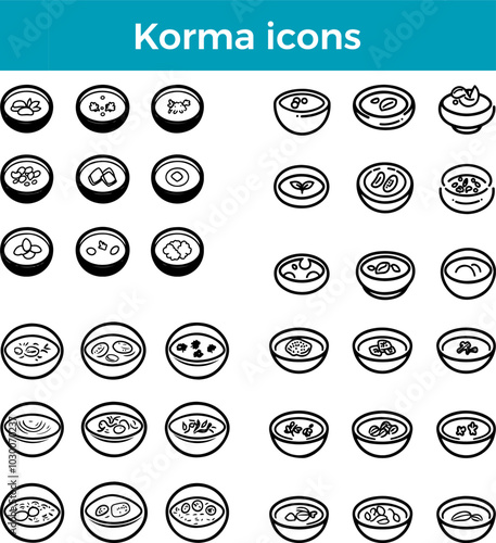 Korma icons line Indian curry dish vector creamy sauce chicken traditional cuisine food illustration set