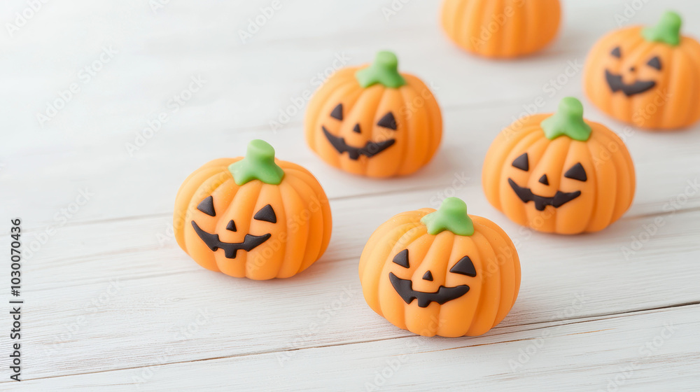 Cute Halloween pumpkin-shaped candies displayed on white background Cute Halloween pumpkin-shaped candies displayed on white background
