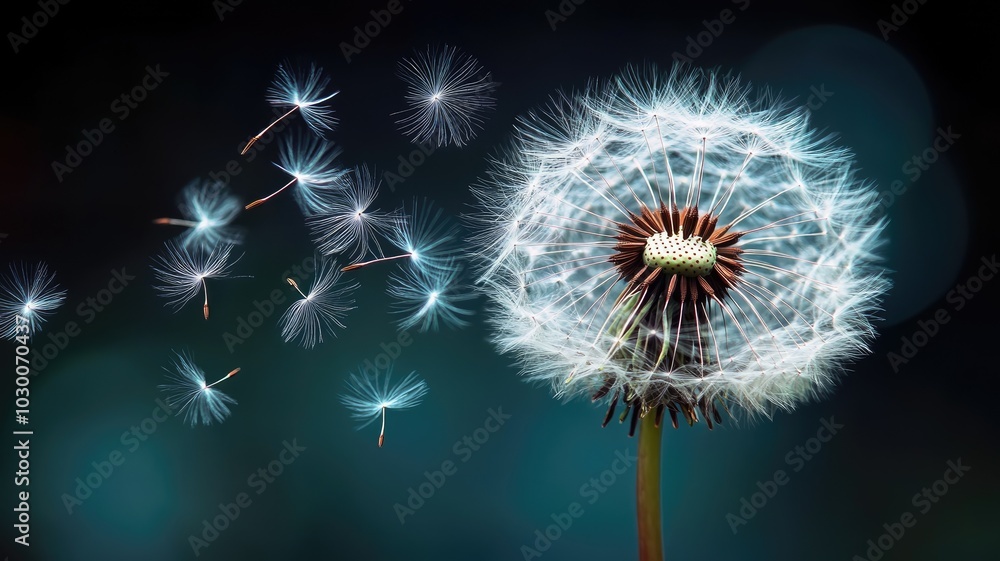 Fototapeta premium Dandelion seeds dispersing in wind against dark background