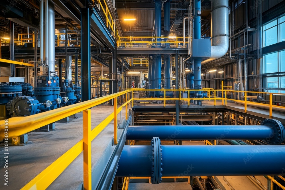 Modern industrial space with blue and yellow pipes, valves, and equipment on concrete floor, metal walls, and high ceiling. Modern industrial space with blue and yellow pipes, valves, and equipment on concrete floor, metal walls, and high ceiling.