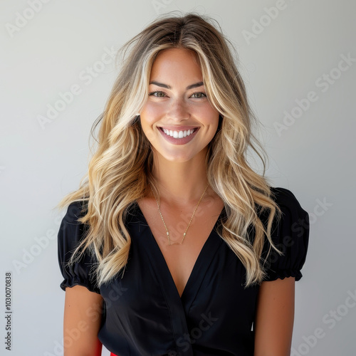 Portrait of a smiling golden-haired woman in her 30s wearing a black blouse, exuding confidence and warmth.