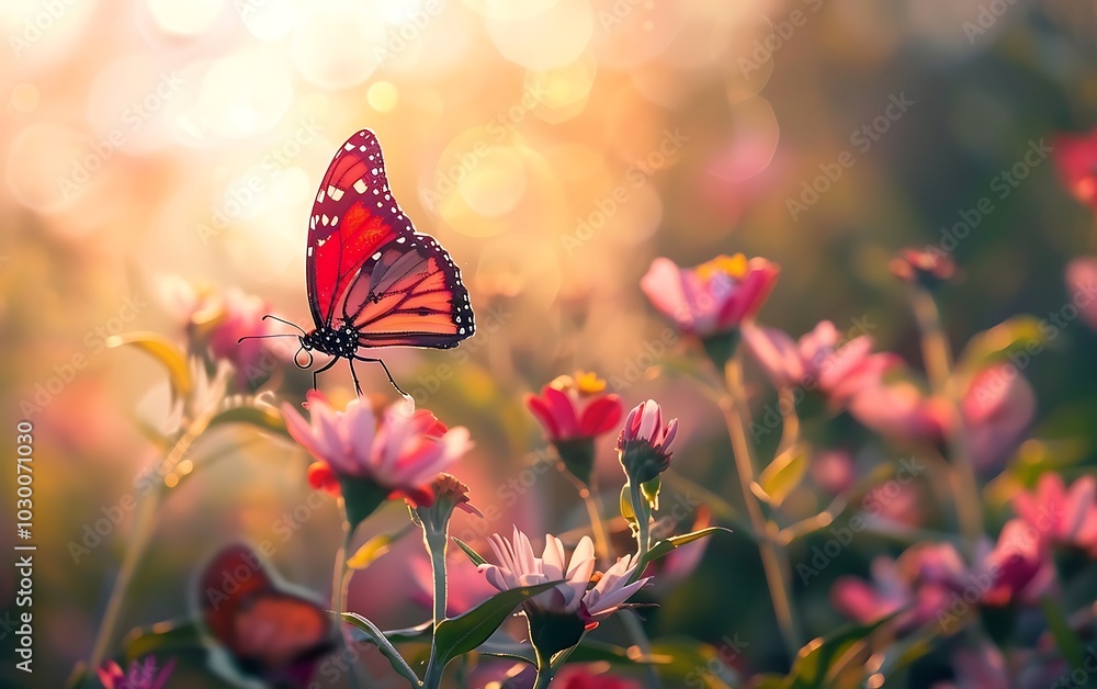 Naklejka premium Butterfly on flower in the meadow. Nature background.