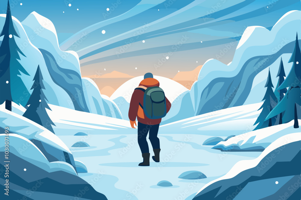 a long traveler slowly walking-through the snow. a long traveler slowly walking-through the snow.