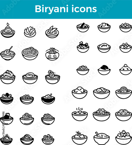 Biryani icons line Indian rice dish vector spicy food chicken lamb traditional cuisine illustration set