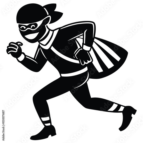 Cartoon boy thief running with a bag and a gun in an illustration style