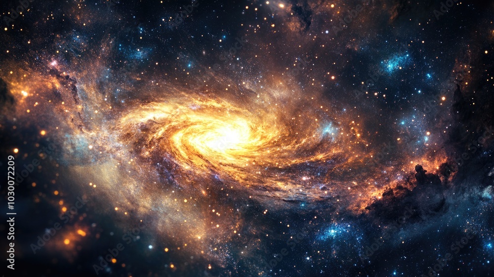 Fototapeta premium Spiral galaxy with bright central core in vast universe