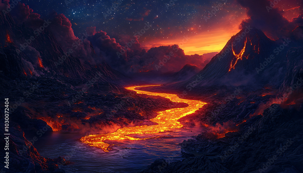 Fototapeta premium A glowing river of molten lava slowly flows through a rocky valley surrounded by dark, volcanic mountains