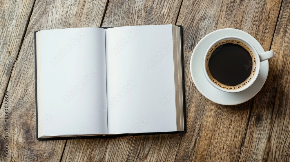 Advertising close up mockup shot of open book with blank pages lying on coffee table Advertising close up mockup shot of open book with blank pages lying on coffee table