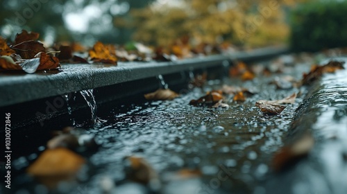 2410_134.extreme close-up of gutter overflow, suspended water droplets, blurred leafy background, interplay of light and water, moody rainy day ambiance photo