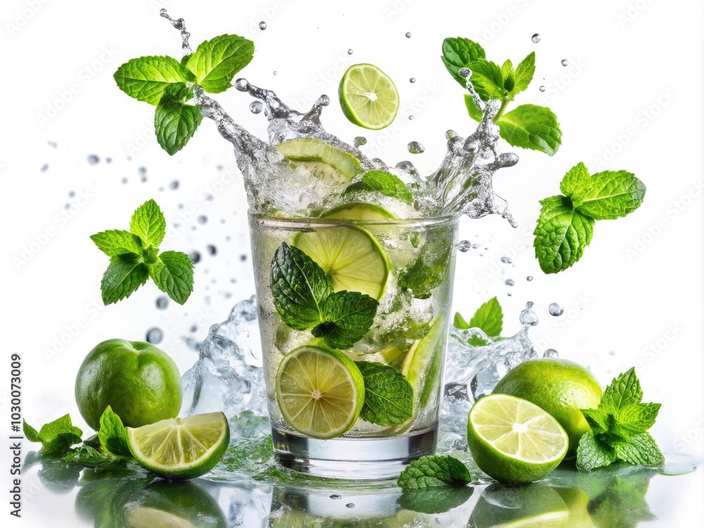 Exquisite mojito splash featuring a glass brimming with zesty limes and fragrant mint leaves, beautifully photographed to highlight its refreshing allure and summery appeal. Exquisite mojito splash featuring a glass brimming with zesty limes and fragrant mint leaves, beautifully photographed to highlight its refreshing allure and summery appeal.