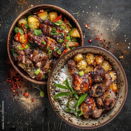 Lyavangi and Jiz-biz, Roasted Quail with Rice and Grilled Liver, Heart and Lungs in Ceramic Bowls photo