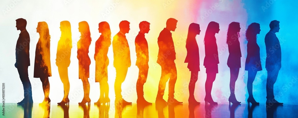 Silhouetted Group of People in Gradient Colors Creating Rainbow Effect - Digital Illustration Symbolizing Unity and Togetherness Silhouetted Group of People in Gradient Colors Creating Rainbow Effect - Digital Illustration Symbolizing Unity and Togetherness