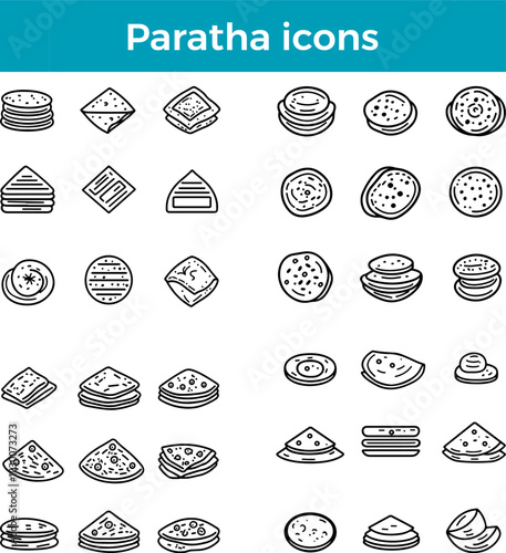 Paratha icons line Indian layered flatbread vector traditional food whole wheat bread cuisine tandoori illustration set