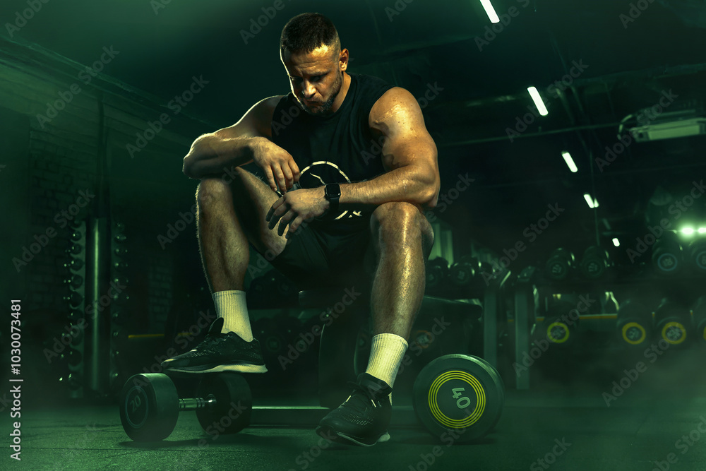 Strong athletic man resting after a heavy workout. Concept bodybuilder doing exercises in gym. Spase for text