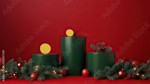 Blank minimalistic empty showcase template for advertising product with Christmas concept. Front view of green cylinder podiums displayed with cute yellow accessory on red background