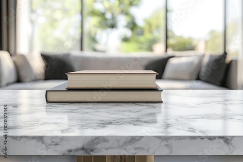 Blank book on table in living room, interior design concept