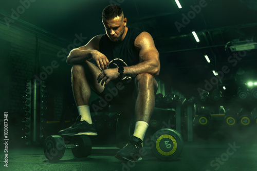 Obraz na płótnie Strong athletic man resting after a heavy workout. Concept bodybuilder doing exercises in gym. Spase for text w salonie