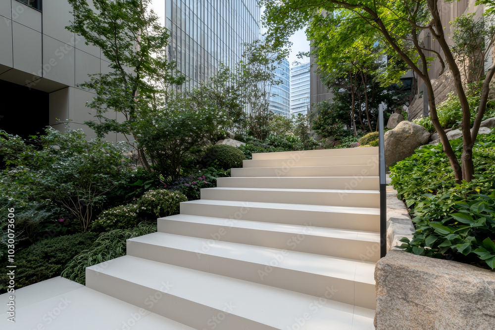 Obraz premium A contemporary garden with clean lines, geometric paving, and carefully placed trees and shrubs creating a modern, minimalist aesthetic