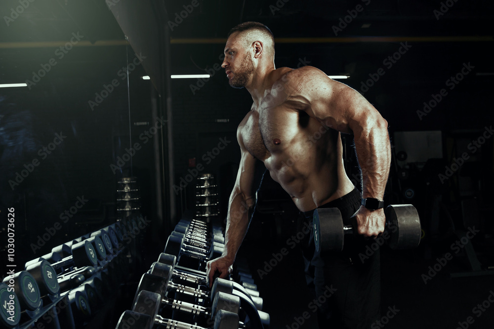 Muscular man training with weights. Brutal strong athletic men pumping up muscles workout in dark gym.