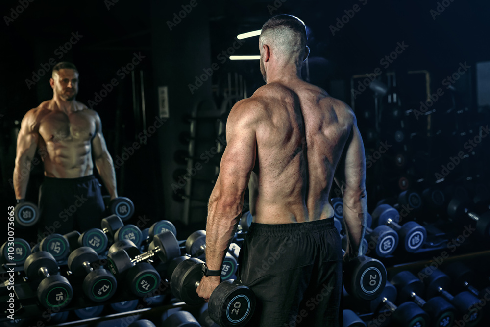 Muscular man having training with weights. Brutal strong athletic men pumping up muscles workout. Concept bodybuilder doing exercises in gym.