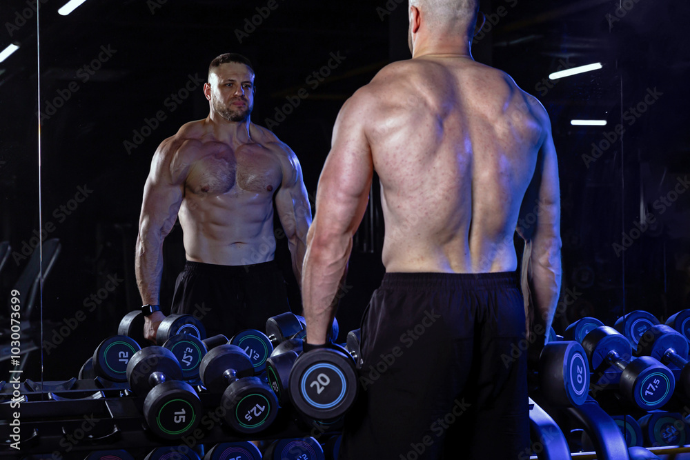 Muscular man training with weights. Brutal strong athletic men pumping up muscles workout in dark gym.