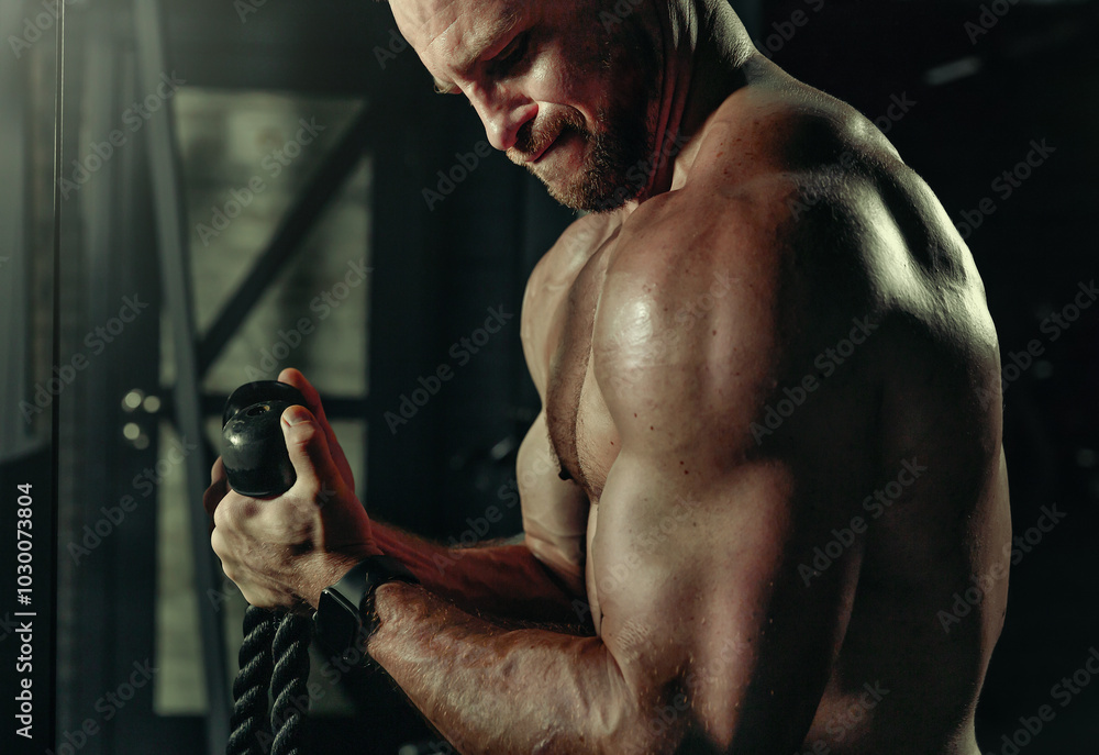 Muscular man training with weights. Brutal strong athletic men pumping up muscles workout in dark gym.