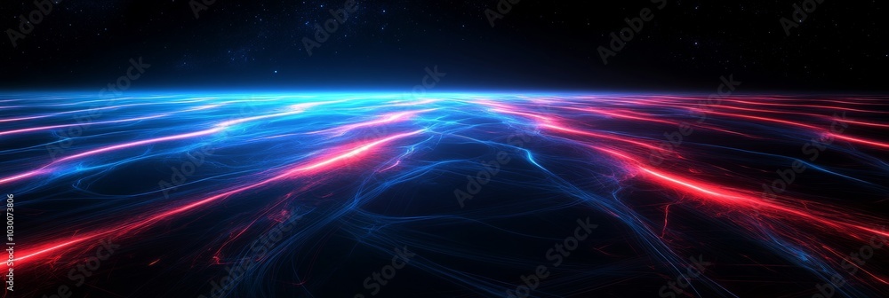 Glowing Red And Blue Line Trails Across Horizon On An Alien Planet Background, Concept Art Glowing Red And Blue Line Trails Across Horizon On An Alien Planet Background, Concept Art