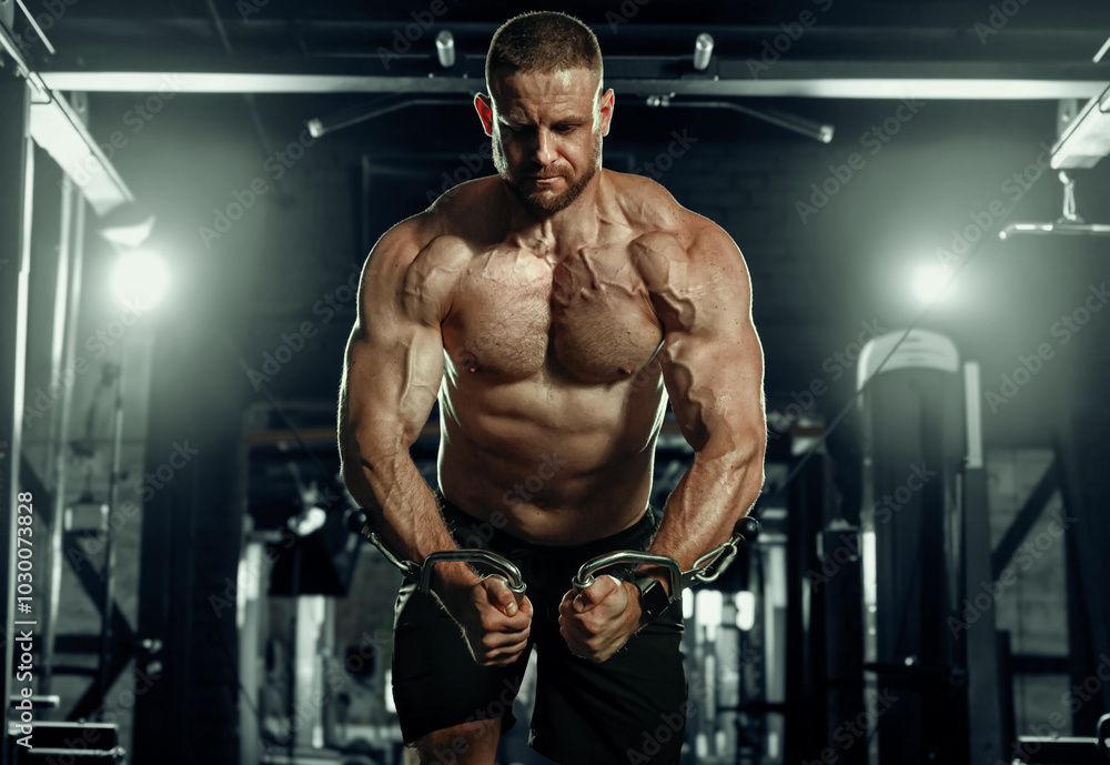 Muscular man training with weights. Brutal strong athletic men pumping up muscles workout in dark gym.
