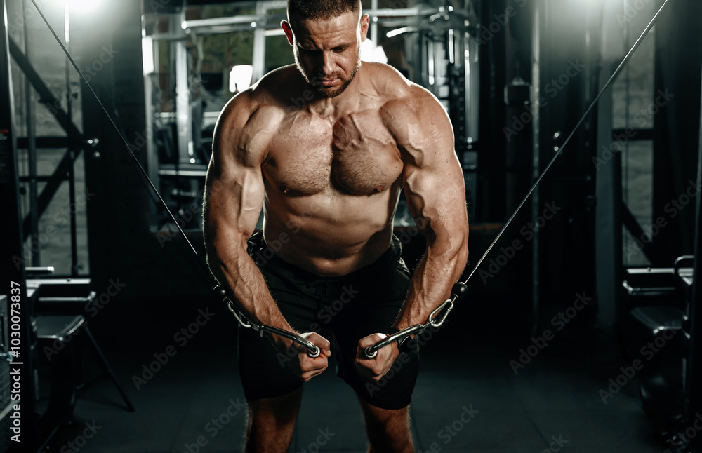 Muscular man having training with weights. Brutal strong athletic men pumping up muscles workout. Concept bodybuilder doing exercises in gym.