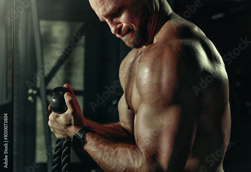 Obraz na płótnie Muscular man training with weights. Brutal strong athletic men pumping up muscles workout in dark gym. w salonie