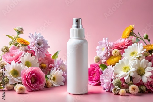 Elegant White Spray Bottle with Fresh Flowers on Soft Pink Background - Perfect for Product Mockup and Aesthetic Photography