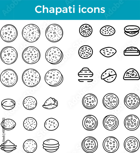 Chapati icons line Indian flatbread vector whole wheat traditional food bread cuisine tandoori illustration set