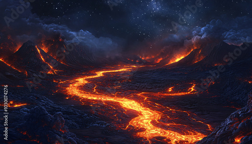 A glowing river of molten lava slowly flows through a rocky valley surrounded by dark, volcanic mountains