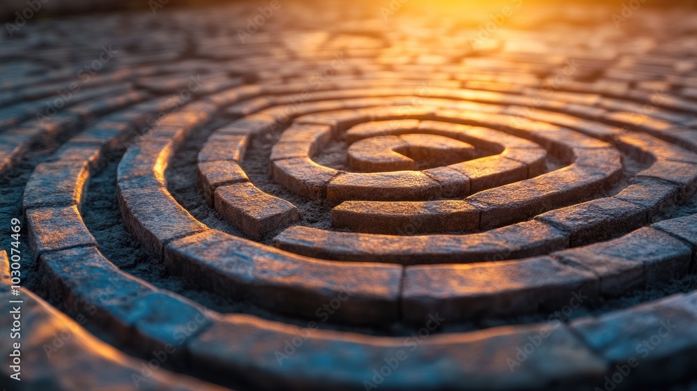 Stone labyrinth pathway in warm sunset light