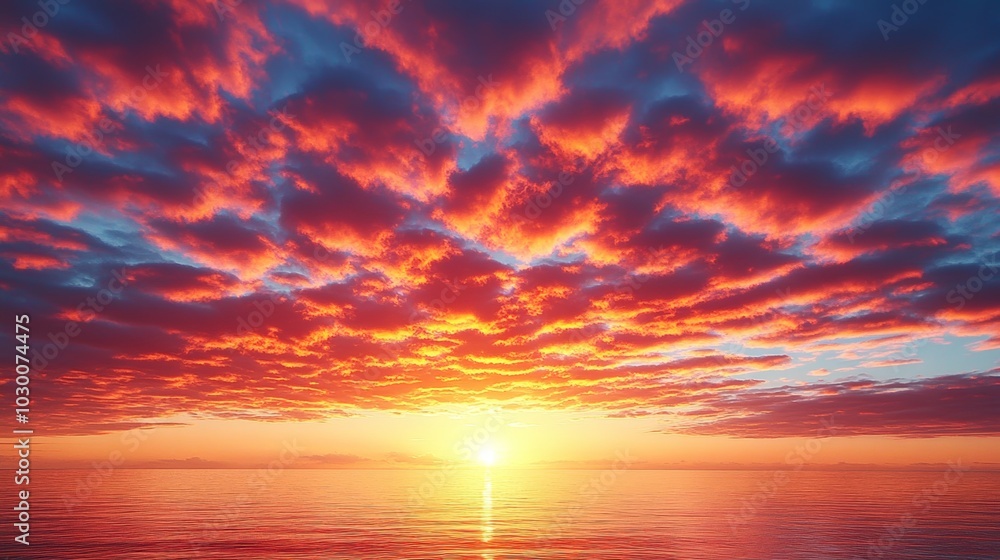 Dramatic Sunset Over Calm Ocean with Colorful Clouds Dramatic Sunset Over Calm Ocean with Colorful Clouds