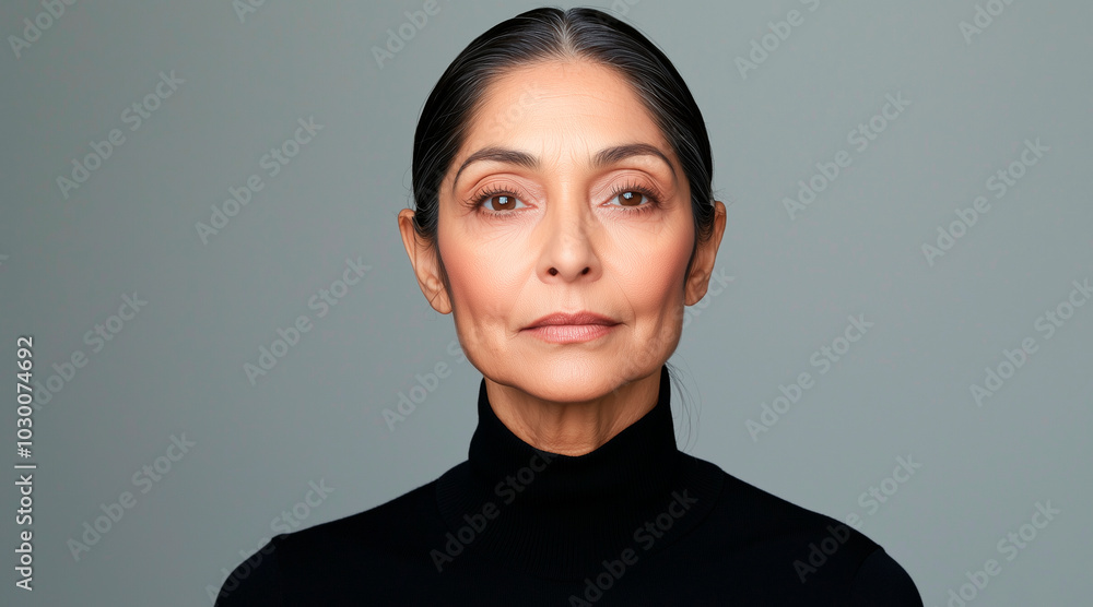 headshot, front on studio portrait on light grey background, 50-year-old Indian woman with with hair tied back neatly in a middle path, neutral expression, wearing a black turtleneck top headshot, front on studio portrait on light grey background, 50-year-old Indian woman with with hair tied back neatly in a middle path, neutral expression, wearing a black turtleneck top