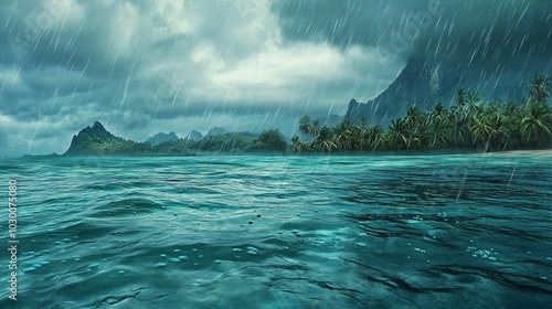 2410_194.teal ocean during tropical rainstorm, water droplets suspended mid-air, verdant island backdrop, moody lighting, hyper-detailed liquid texture photo