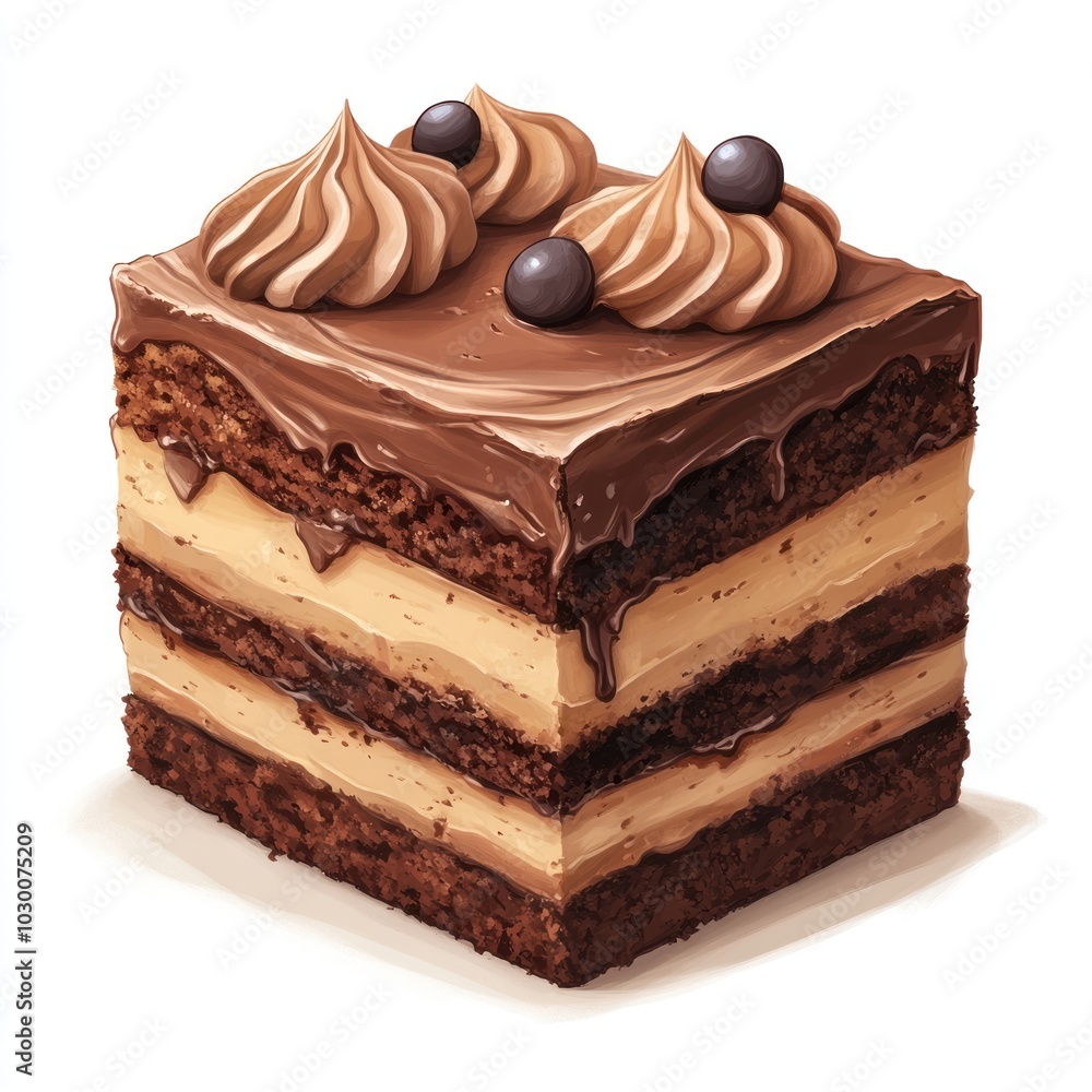Chocolate Cake with Whipped Cream and Chocolate Drizzle - Illustration Chocolate Cake with Whipped Cream and Chocolate Drizzle - Illustration