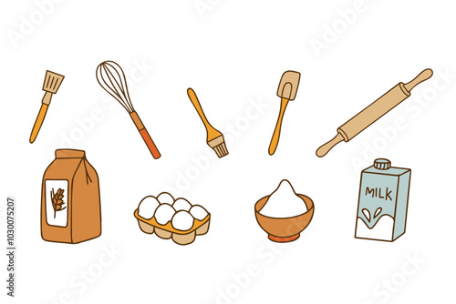 Colorful Collection of Baking Accessories. Set of Kitchen Accessories for Cooking in Doodle Style on White Background. Vector. 