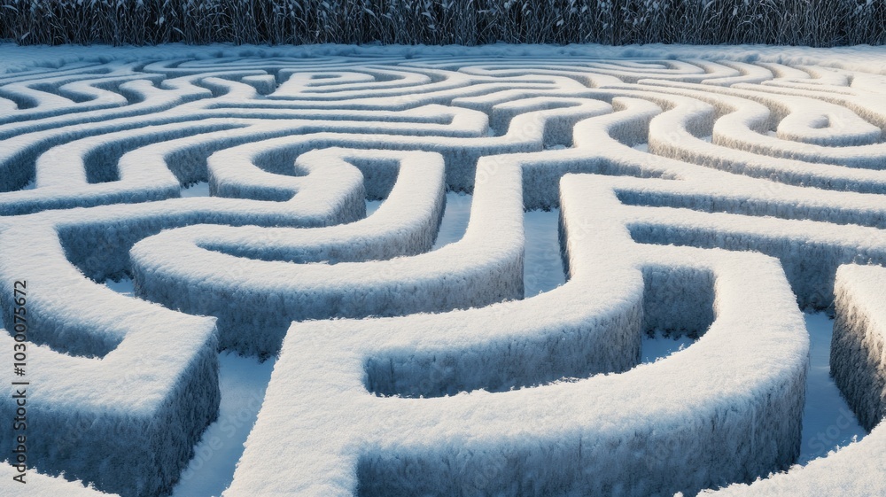 Snow-covered maze with intricate patterns in winter Snow-covered maze with intricate patterns in winter