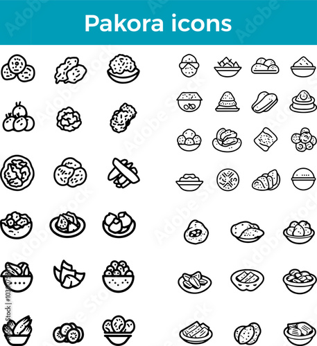 Pakora icons line Indian fried snack fritters vector traditional food spicy cuisine illustration set