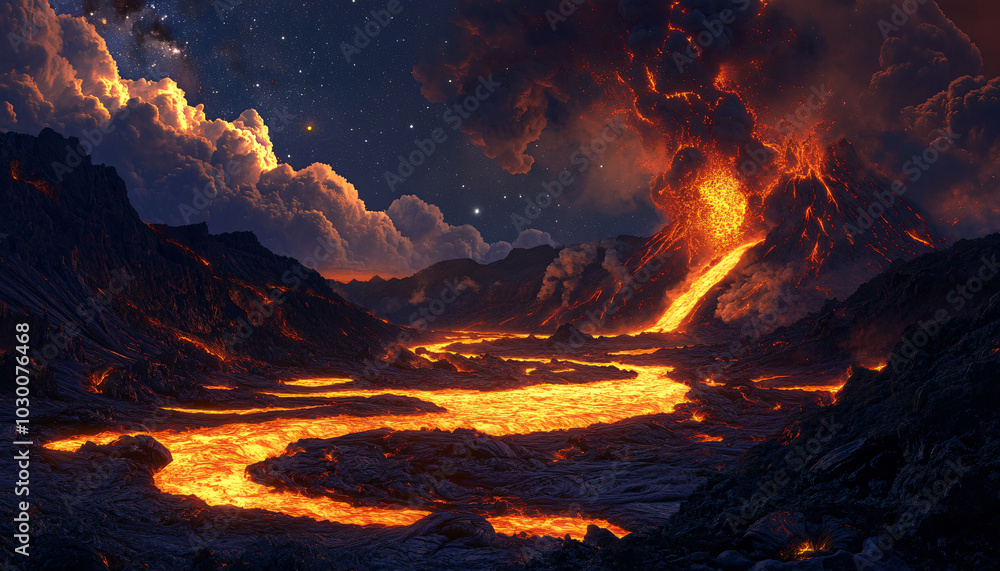 A glowing river of molten lava slowly flows through a rocky valley surrounded by dark, volcanic mountains A glowing river of molten lava slowly flows through a rocky valley surrounded by dark, volcanic mountains
