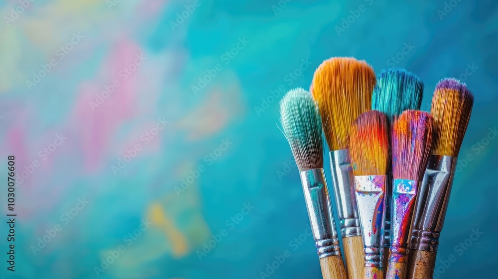 Fototapeta premium Colorful paintbrushes set against vibrant pastel background