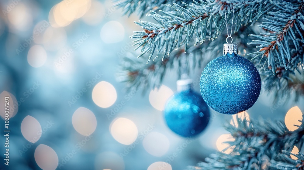 Christmas Tree With Ornaments In Blue And Defocused Lights - Baubles Hanging On Fir Branches With Glittering In Abstract Background Christmas Tree With Ornaments In Blue And Defocused Lights - Baubles Hanging On Fir Branches With Glittering In Abstract Background