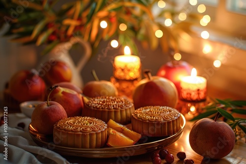 Warm mooncakes on tray with fruits, candles, and festive lights. photo