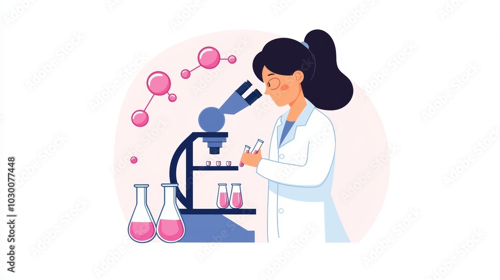 A scientist in a lab coat, peering through a microscope, with glass beakers, test tubes, and chemical reactions happening behind them A scientist in a lab coat, peering through a microscope, with glass beakers, test tubes, and chemical reactions happening behind them