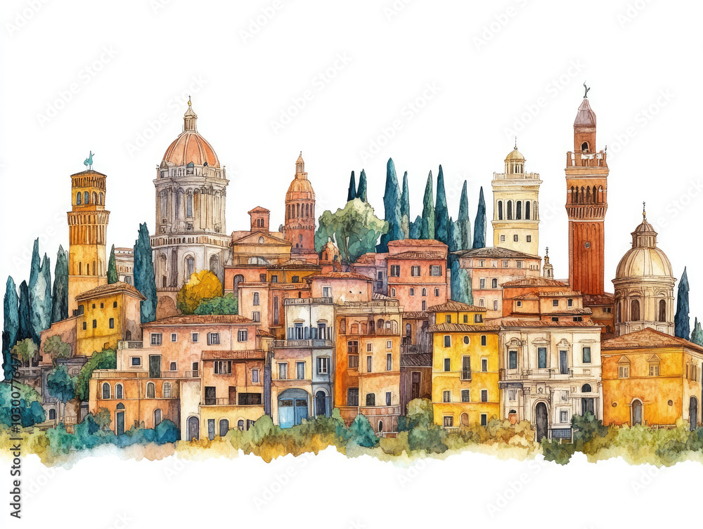 Fototapeta premium Colorful Italian cityscape with domes and historic arch 