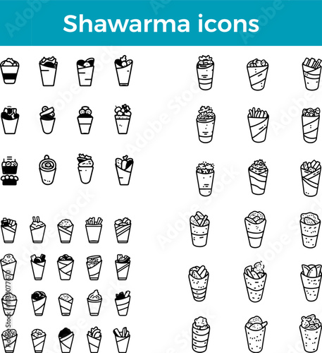 Shawarma icons line Middle Eastern grilled meat wrap vector traditional food pita sandwich cuisine illustration set