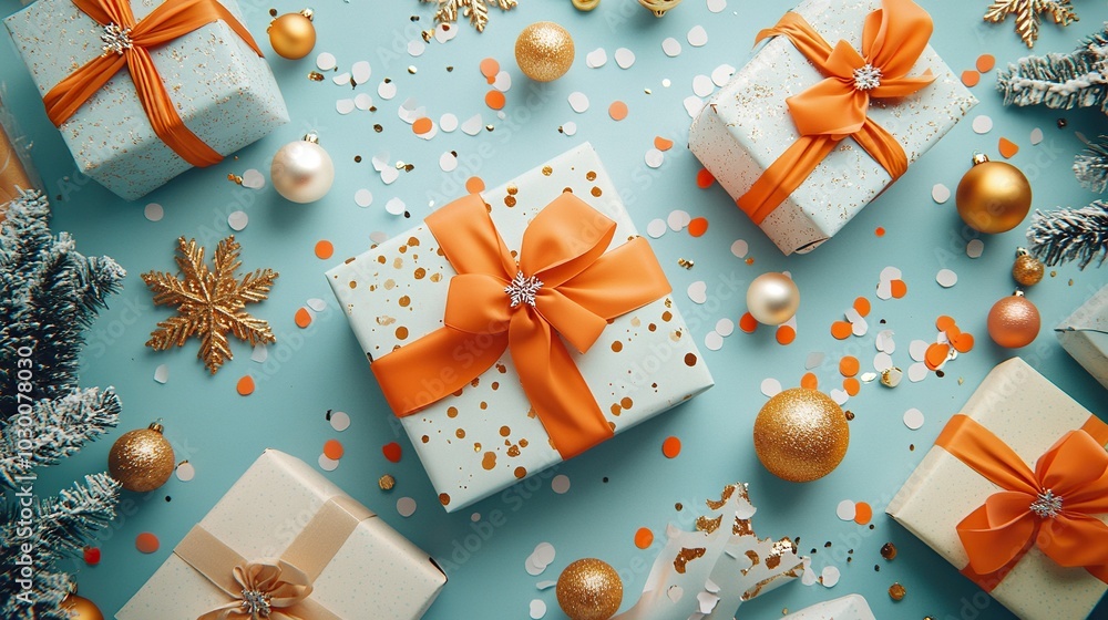 Magical Christmas Scene: Top-down view of artfully wrapped gift boxes with orange satin ribbons, complemented by chic tree ornaments, golden balls, sparkling snowflakes, confetti on pastel background Magical Christmas Scene: Top-down view of artfully wrapped gift boxes with orange satin ribbons, complemented by chic tree ornaments, golden balls, sparkling snowflakes, confetti on pastel background
